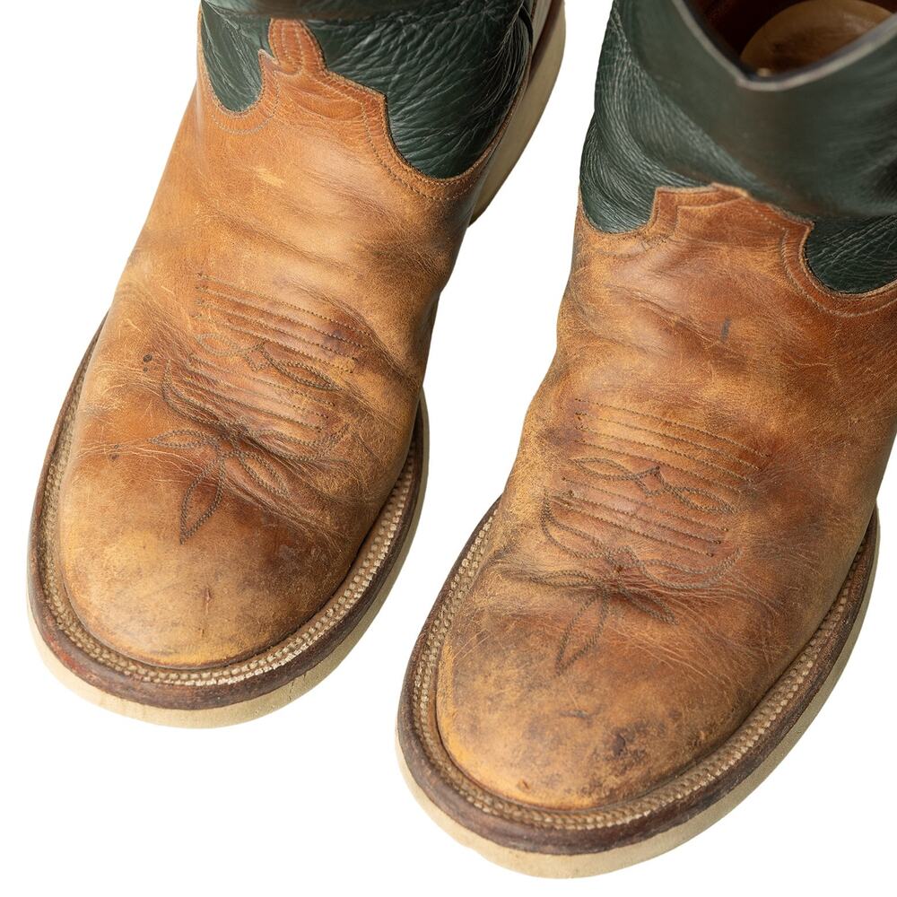 Vintage Anderson Bean Boot Co Evergreen &Tan Yellow Brown Western Utility Boots - Picture 9 of 12
